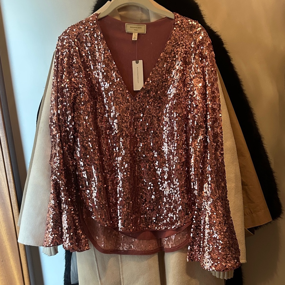 Anthropologie Rose Gold Sequin V‑Neck Bell Sleeve Top